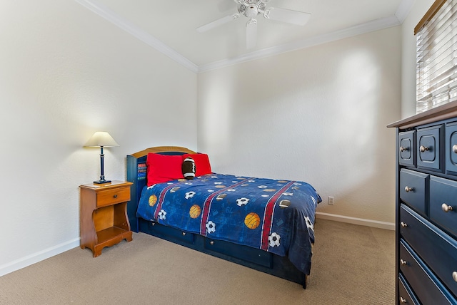 bedroom featuring ornamental molding, light carpet, and ceiling fan