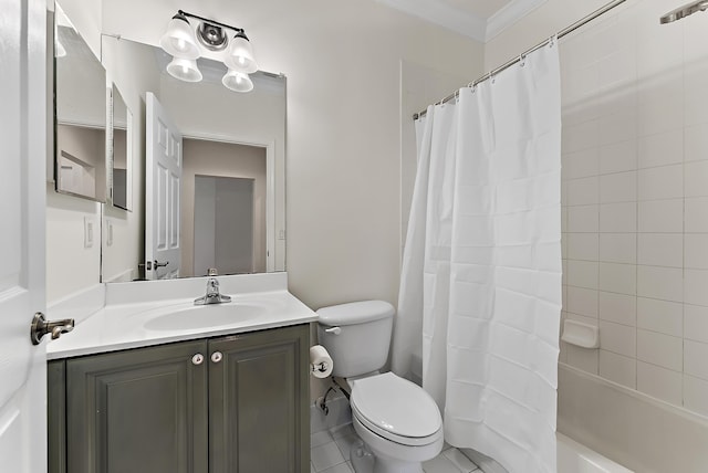 full bathroom featuring vanity, ornamental molding, shower / tub combo with curtain, and toilet