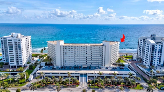 aerial view featuring a water view