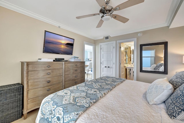 bedroom with ceiling fan, a closet, ornamental molding, and ensuite bath