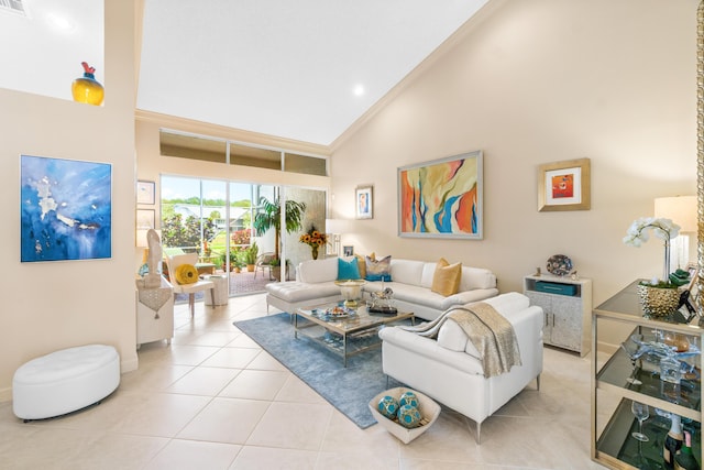 tiled living room with high vaulted ceiling