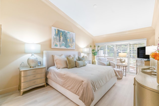 bedroom featuring high vaulted ceiling, light hardwood / wood-style flooring, and crown molding