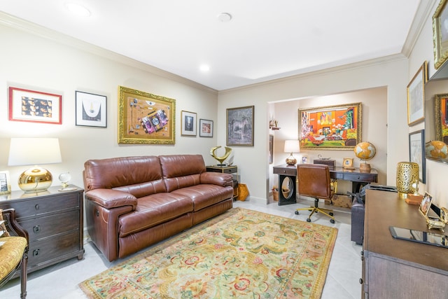 tiled living room with crown molding