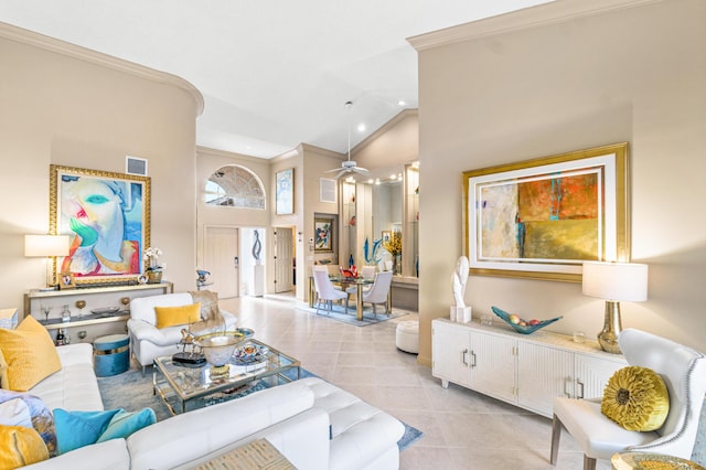 tiled living room featuring crown molding, high vaulted ceiling, and ceiling fan