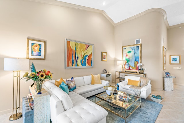 tiled living room featuring high vaulted ceiling and crown molding