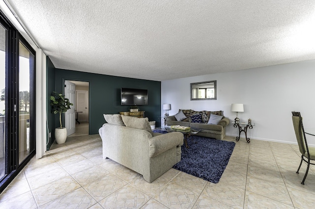 living room featuring a textured ceiling