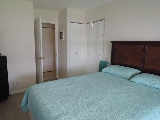 bedroom featuring light hardwood / wood-style floors and two closets