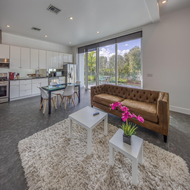 living room featuring floor to ceiling windows and sink