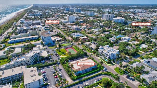 bird's eye view with a water view