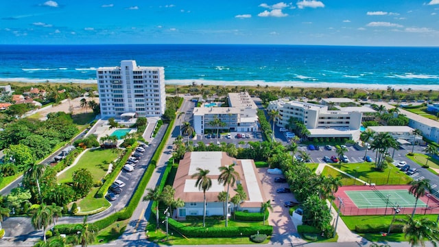 aerial view featuring a water view and a view of the beach