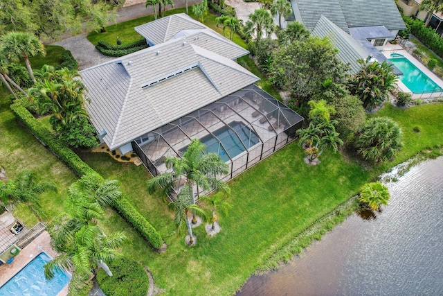 drone / aerial view featuring a water view