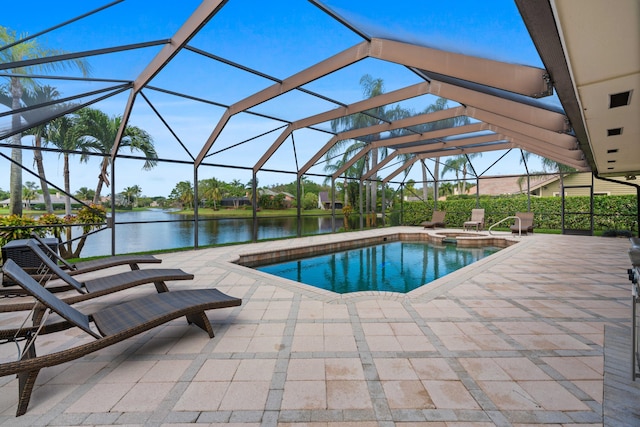 view of swimming pool featuring a lanai, a patio area, and a water view