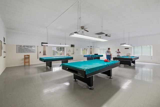 playroom with ceiling fan and billiards