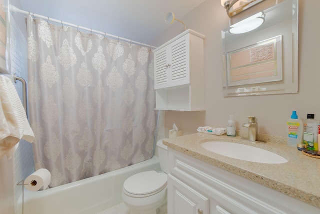 full bathroom featuring vanity, shower / bath combo, and toilet