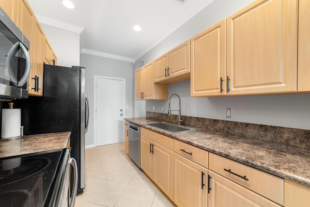 kitchen with light brown cabinets, crown molding, sink, and appliances with stainless steel finishes