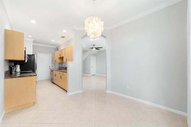 kitchen featuring light brown cabinetry, ornamental molding, ceiling fan with notable chandelier, decorative light fixtures, and dishwasher