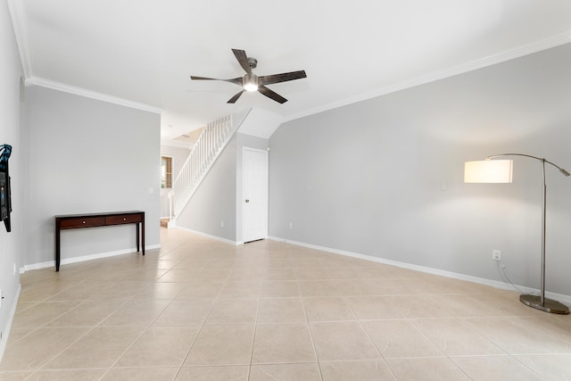 unfurnished living room with light tile patterned floors, lofted ceiling, ceiling fan, and ornamental molding