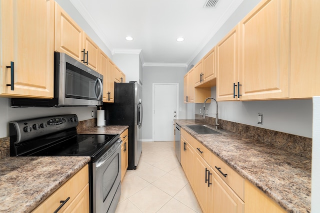 kitchen with crown molding, sink, stainless steel appliances, and light brown cabinetry