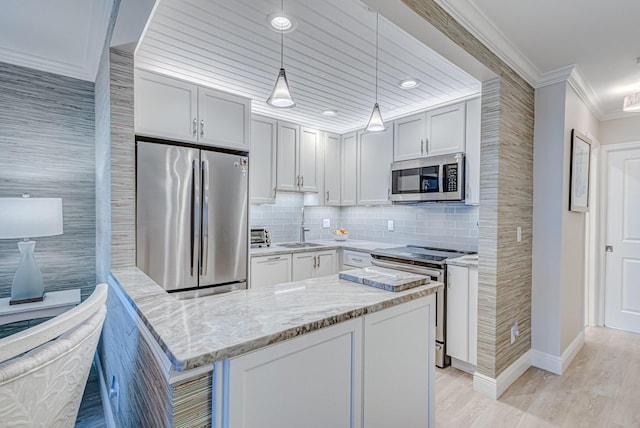 kitchen with sink, stainless steel appliances, light stone counters, light hardwood / wood-style flooring, and pendant lighting