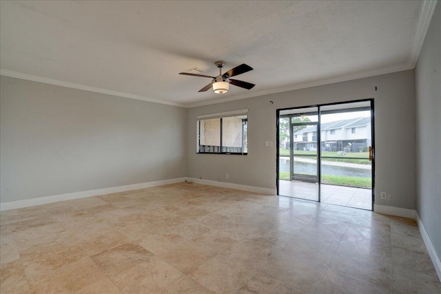 unfurnished room with ceiling fan, ornamental molding, and a textured ceiling