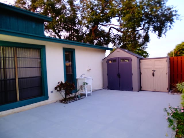 view of patio / terrace with a shed