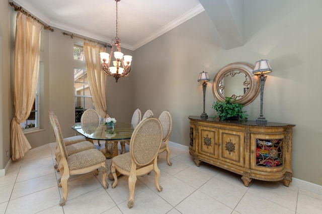 dining space featuring a chandelier, light tile patterned floors, and ornamental molding