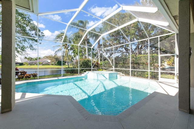 view of pool featuring a lanai, a patio area, and a water view