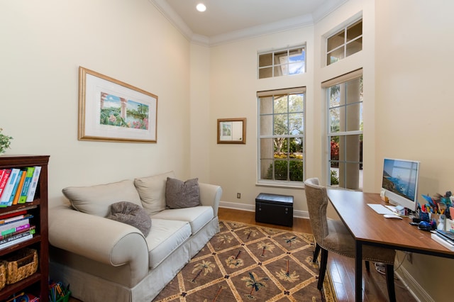 office with wood-type flooring, ornamental molding, and a high ceiling