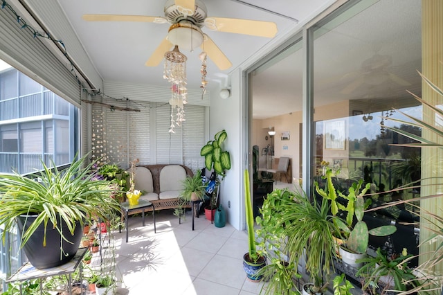 interior space featuring ceiling fan