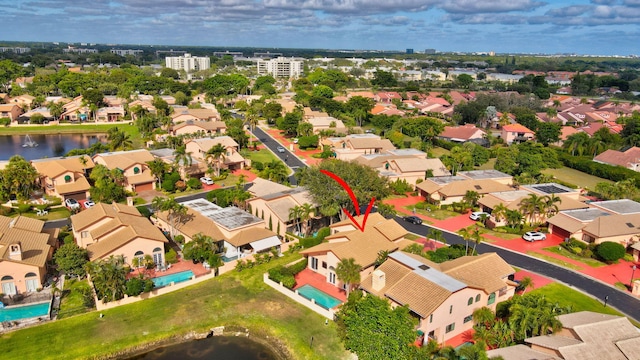 aerial view featuring a water view