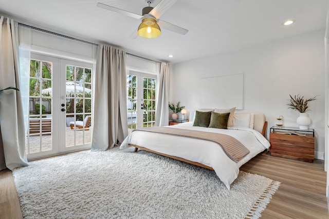 bedroom with french doors, recessed lighting, a ceiling fan, wood finished floors, and access to outside