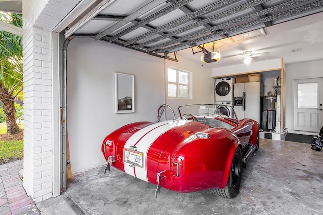 garage with water heater, white fridge with ice dispenser, stacked washer / dryer, and a garage door opener