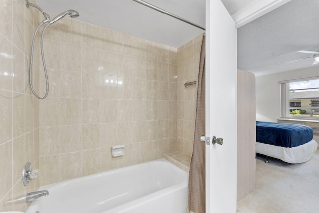 bathroom with ceiling fan and shower / tub combo with curtain