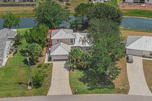 aerial view featuring a water view