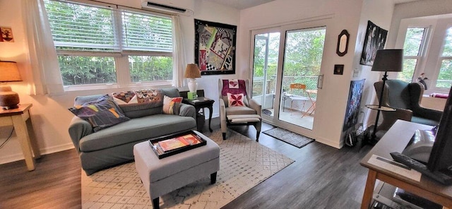 living room with an AC wall unit and dark hardwood / wood-style floors