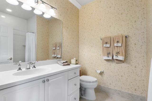 bathroom featuring a shower with shower curtain, vanity, toilet, and tile patterned flooring