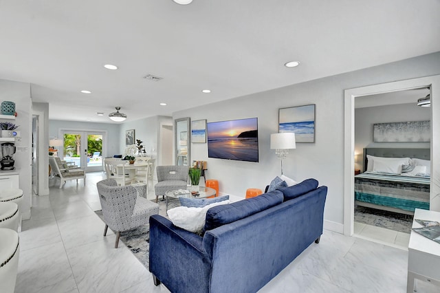 living room featuring french doors