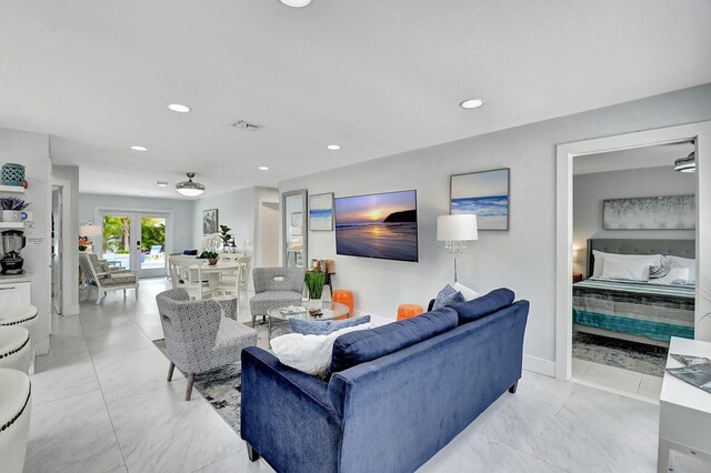 view of pool featuring a patio area, outdoor lounge area, french doors, and an in ground hot tub