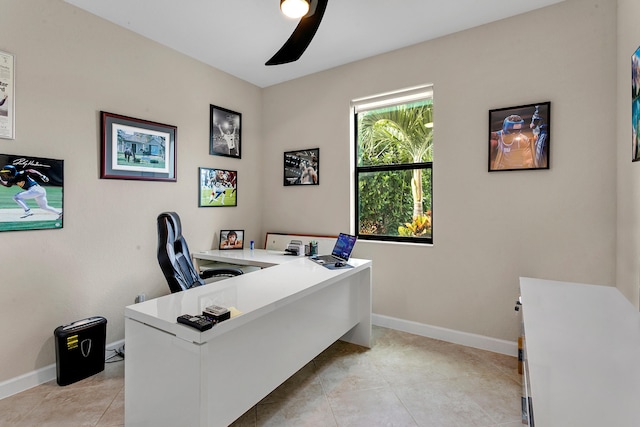 tiled office with ceiling fan