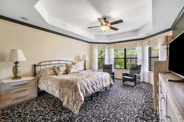 bedroom with carpet flooring, ceiling fan, crown molding, and multiple windows