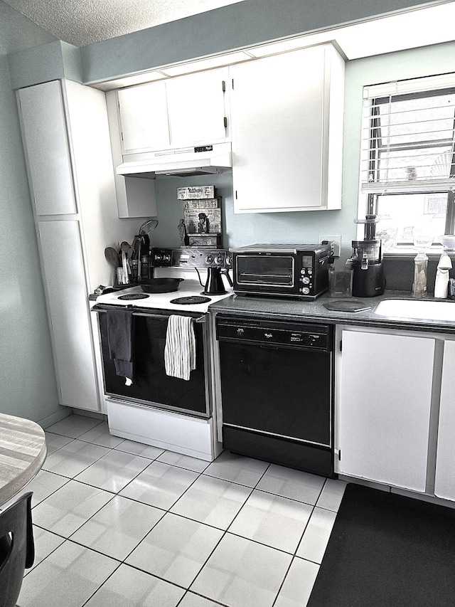 kitchen with sink, light tile patterned floors, electric range, dishwasher, and white cabinetry