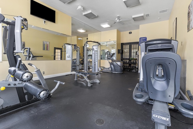 workout area featuring ceiling fan