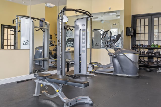 gym featuring ceiling fan