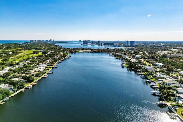 birds eye view of property featuring a water view