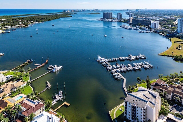 bird's eye view with a water view