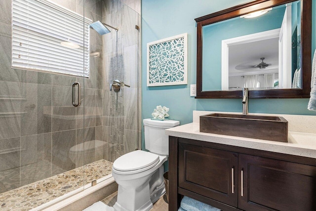 bathroom featuring vanity, toilet, and a shower with door