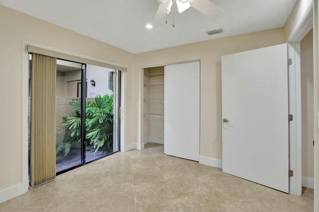 unfurnished bedroom with ceiling fan, access to exterior, light tile patterned floors, and a closet