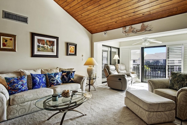 carpeted living room featuring high vaulted ceiling, ceiling fan, and wood ceiling