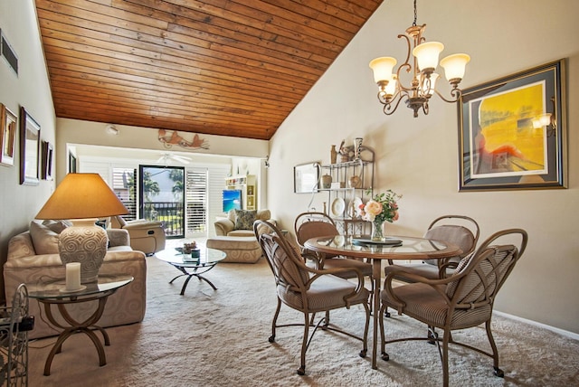 dining space featuring carpet floors, wooden ceiling, ceiling fan with notable chandelier, and high vaulted ceiling