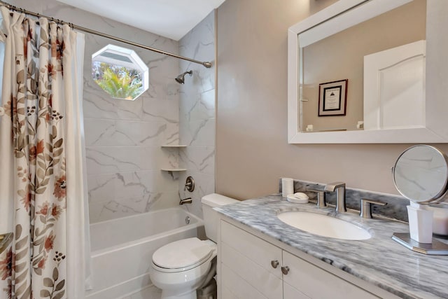 full bathroom with vanity, shower / bathtub combination with curtain, and toilet